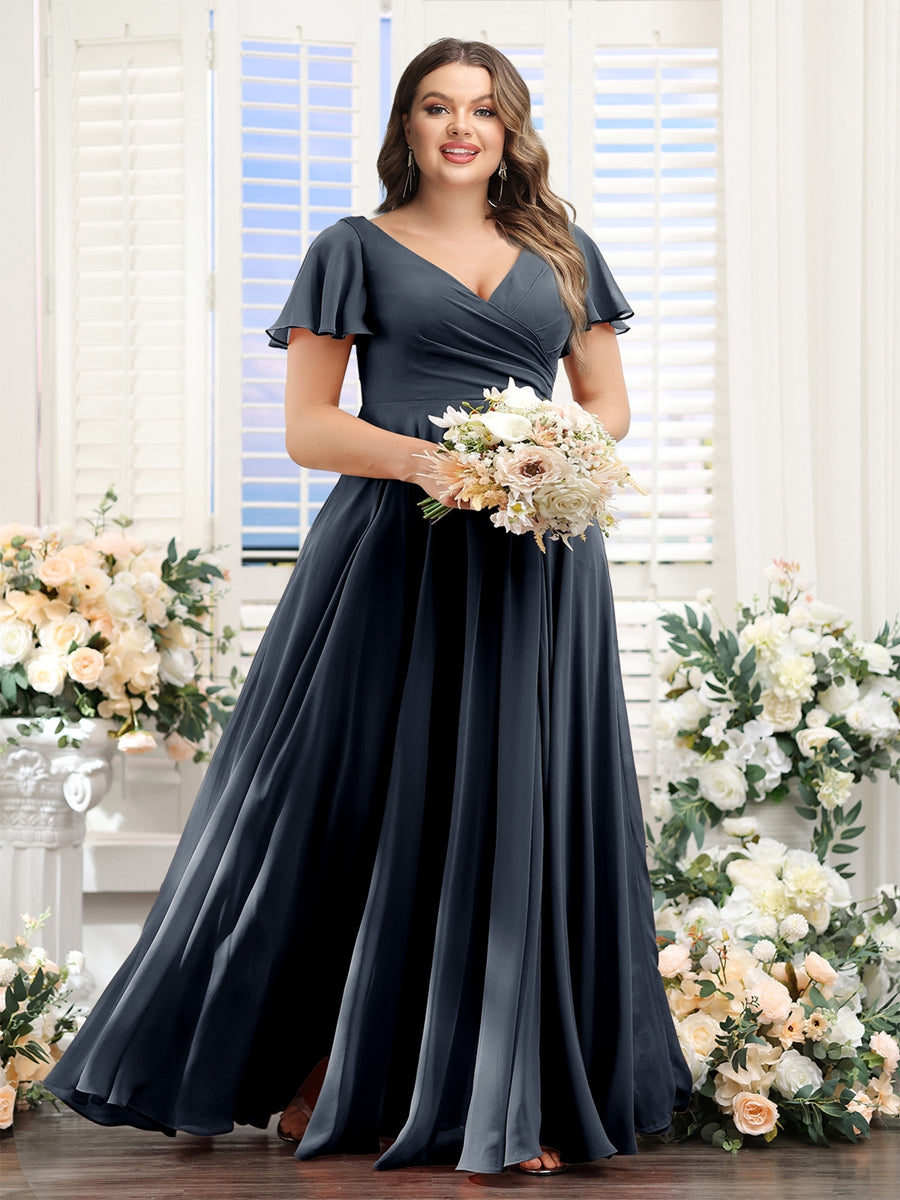 A-Line V-Neck Short Sleeves Split Side Ruched Chiffon Plus Size Bridesmaid Dresses