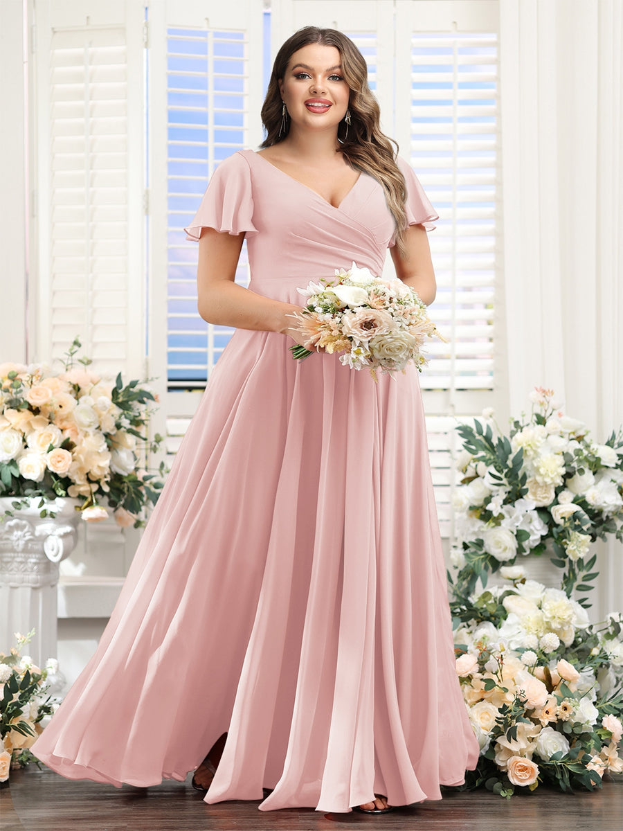 A-Line V-Neck Short Sleeves Split Side Ruched Chiffon Plus Size Bridesmaid Dresses