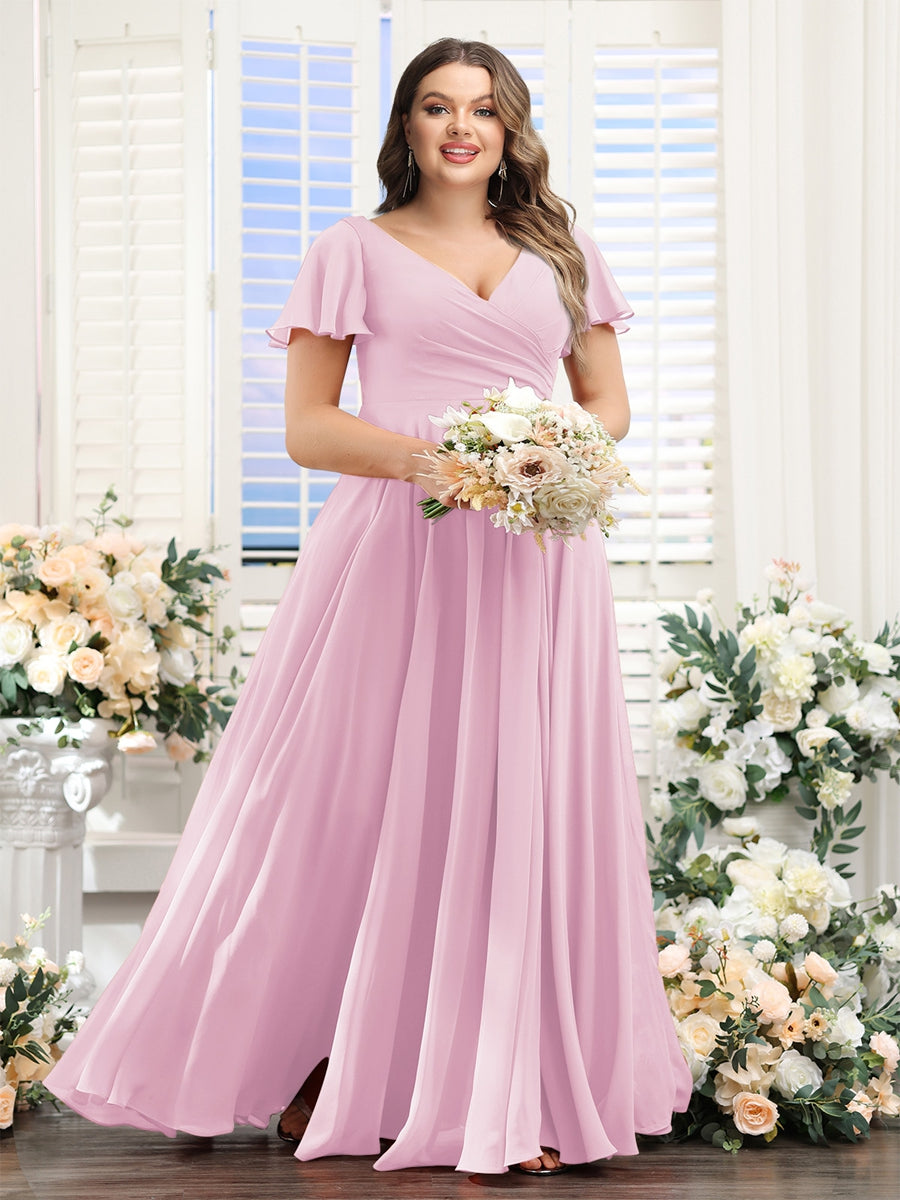 A-Line V-Neck Short Sleeves Split Side Ruched Chiffon Plus Size Bridesmaid Dresses