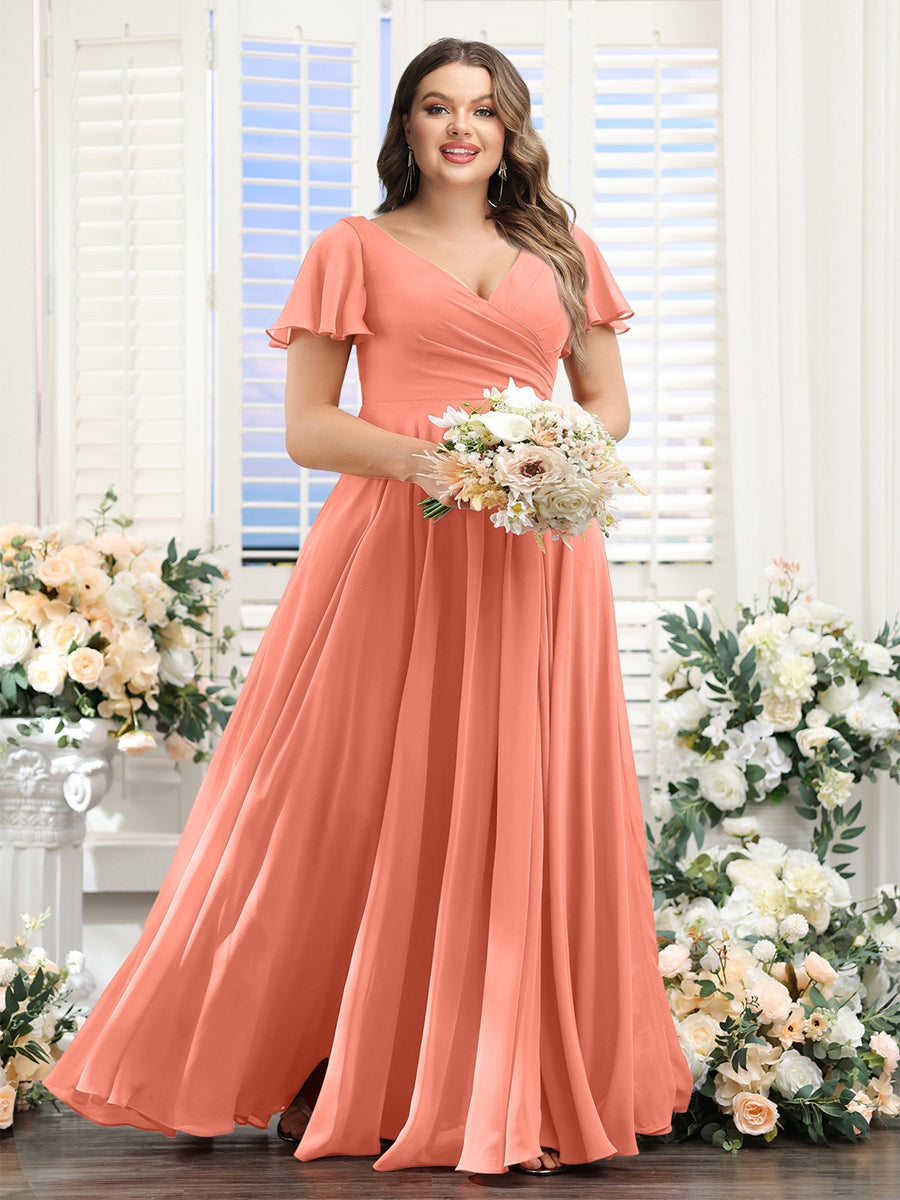 A-Line V-Neck Short Sleeves Split Side Ruched Chiffon Plus Size Bridesmaid Dresses