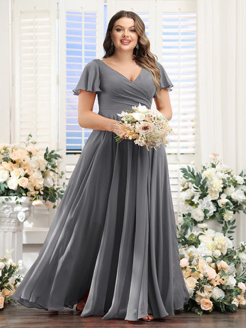 A-Line V-Neck Short Sleeves Split Side Ruched Chiffon Plus Size Bridesmaid Dresses