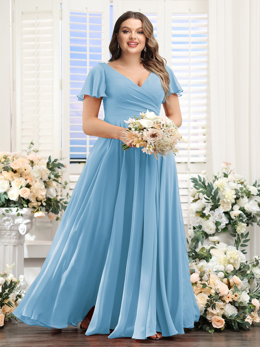 A-Line V-Neck Short Sleeves Split Side Ruched Chiffon Plus Size Bridesmaid Dresses