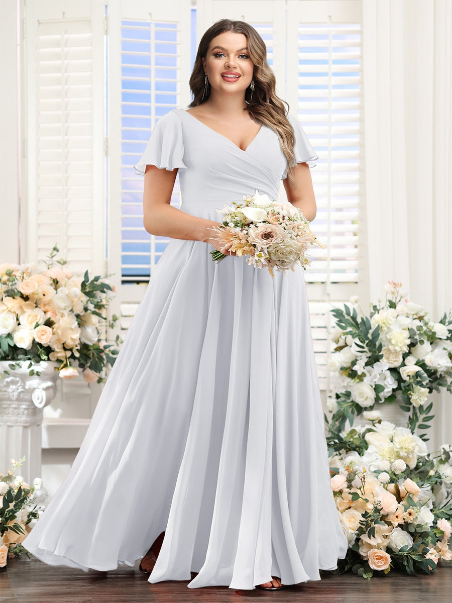 A-Line V-Neck Short Sleeves Split Side Ruched Chiffon Plus Size Bridesmaid Dresses