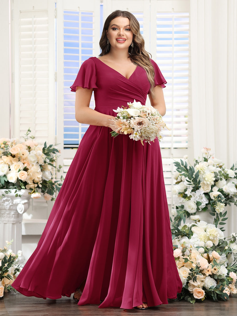 A-Line V-Neck Short Sleeves Split Side Ruched Chiffon Plus Size Bridesmaid Dresses