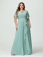 A-Line/Princess V-Neck Half Sleeves Chiffon Ruffles Plus Size Bridesmaid Dresses with Split Side