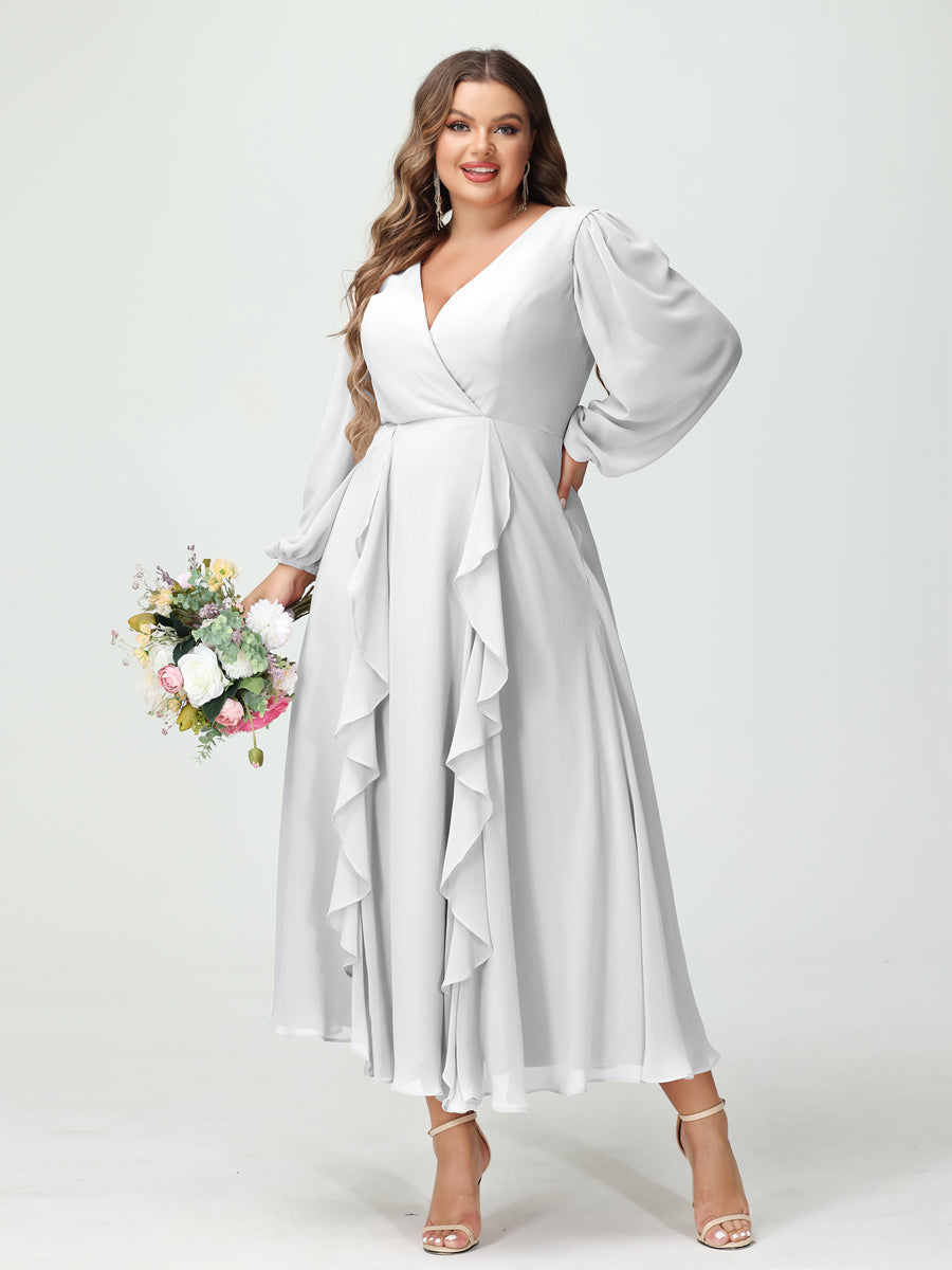A-Line/Princess V-Neck Long Sleeves Chiffon Tea-Length Ruffles Plus Size Bridesmaid Dresses with Pockets