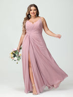 A-Line/Princess Spaghetti Straps Sleeveless Chiffon Split Side Plus Size Bridesmaid Dresses with Pockets