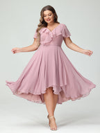 A-Line/Princess V-Neck Short Sleeves Chiffon Ruffles High-Low Plus Size Bridesmaid Dresses with Pockets