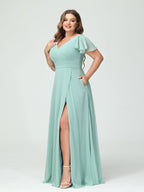 A-Line/Princess V-Neck Short Sleeves Chiffon Split Side Plus Size Bridesmaid Dresses with Pockets