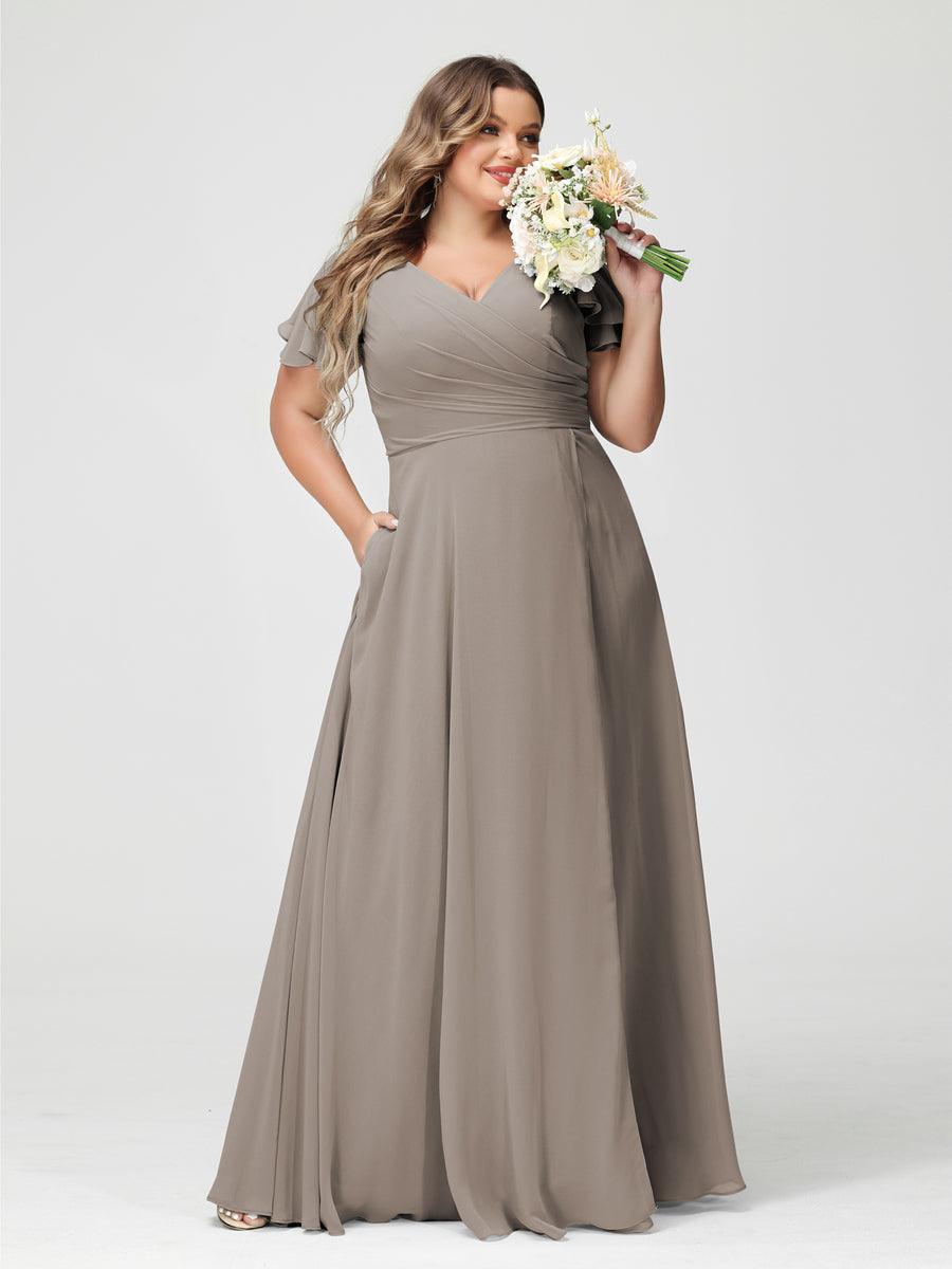 A-Line/Princess V-Neck Short Sleeves Chiffon Split Side Plus Size Bridesmaid Dresses with Pockets