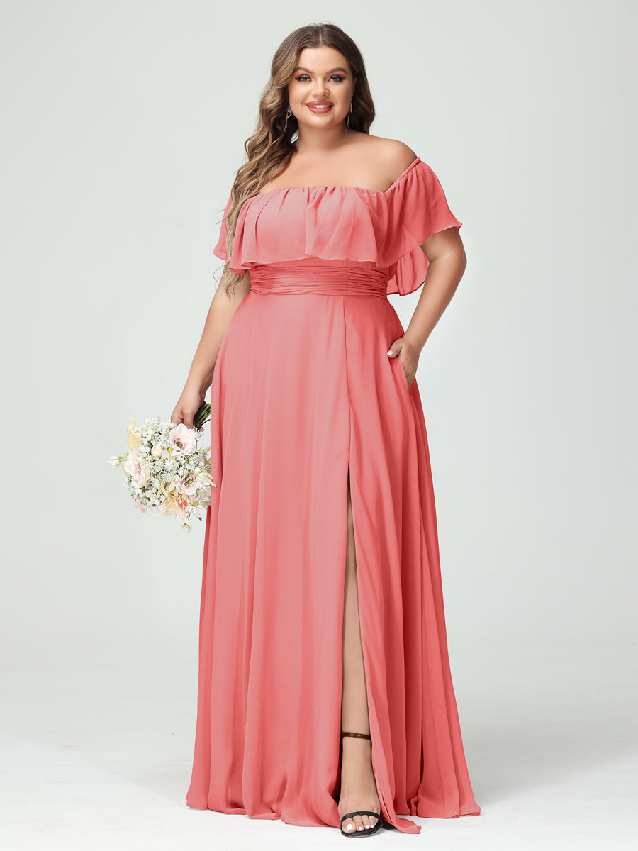 A-Line/Princess Off-the-Shoulder Short Sleeves Chiffon Split Side Plus Size Bridesmaid Dresses with Pockets