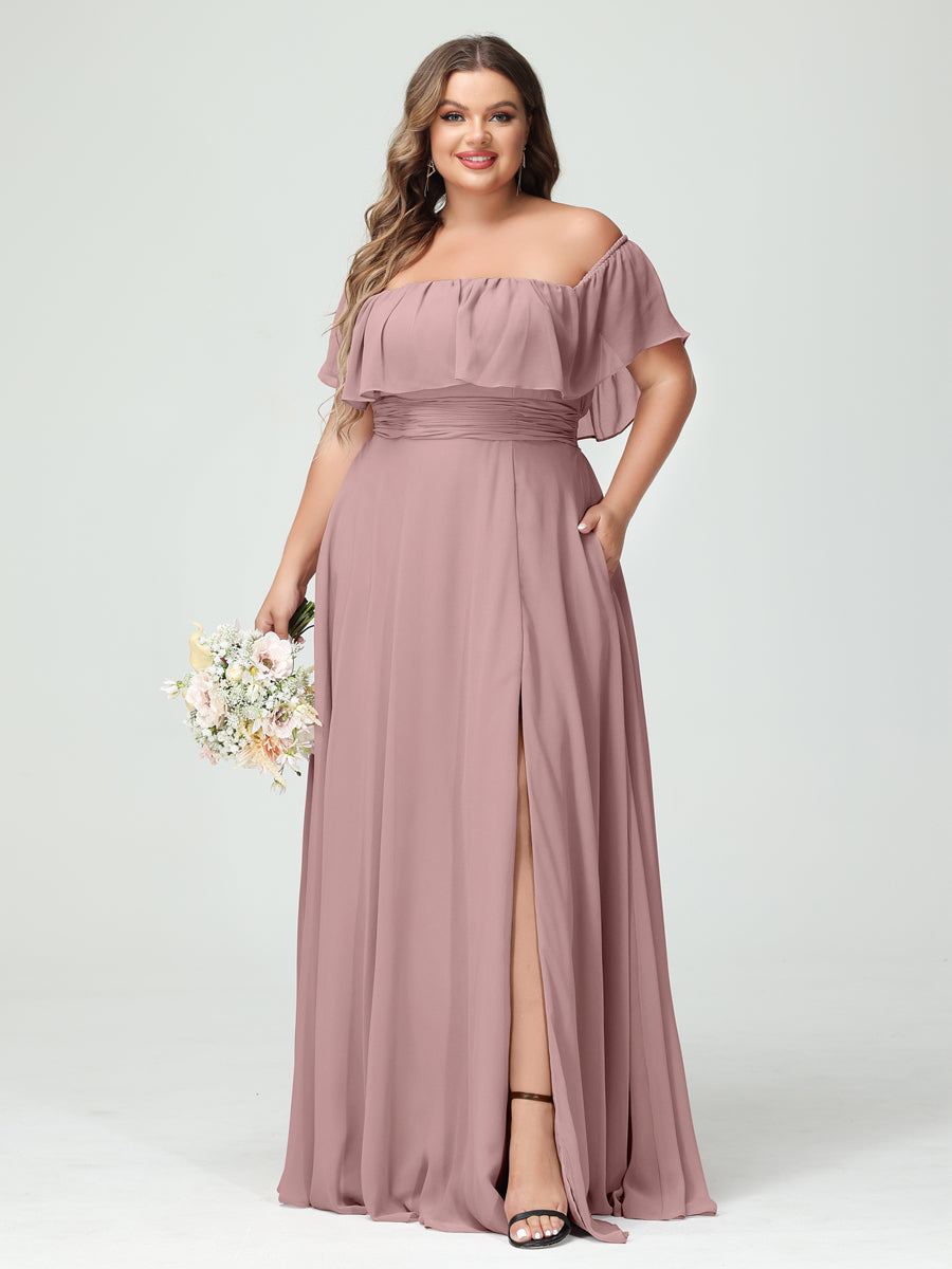 A-Line/Princess Off-the-Shoulder Short Sleeves Chiffon Split Side Plus Size Bridesmaid Dresses with Pockets