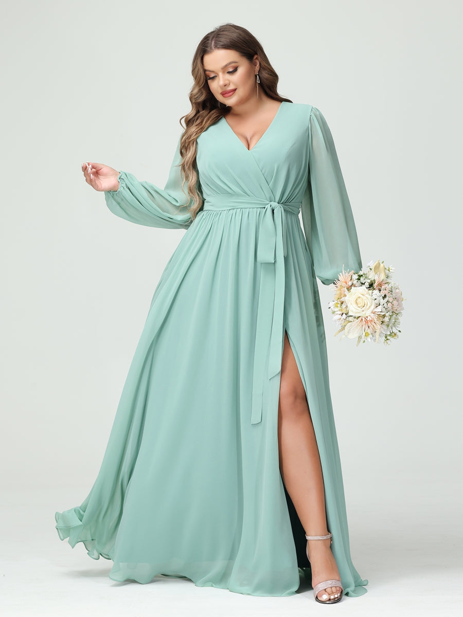 A-Line/Princess V-Neck Long Sleeves Chiffon Plus Size Bridesmaid Dresses with Pockets
