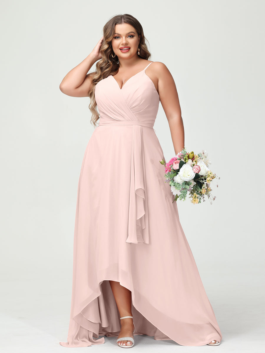 A-Line/Princess Spaghetti Straps Chiffon Ruffles Asymmetrical Plus Size Bridesmaid Dresses with Pockets