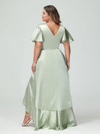 Sheath/Column V-Neck Short Sleeves Ruffles Asymmetrical Plus Size Dresses with Pockets & Sash