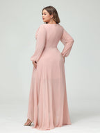 A-Line/Princess V-Neck Long Sleeves Chiffon Ruched Asymmetrical Plus Size Bridesmaid Dresses with Pockets