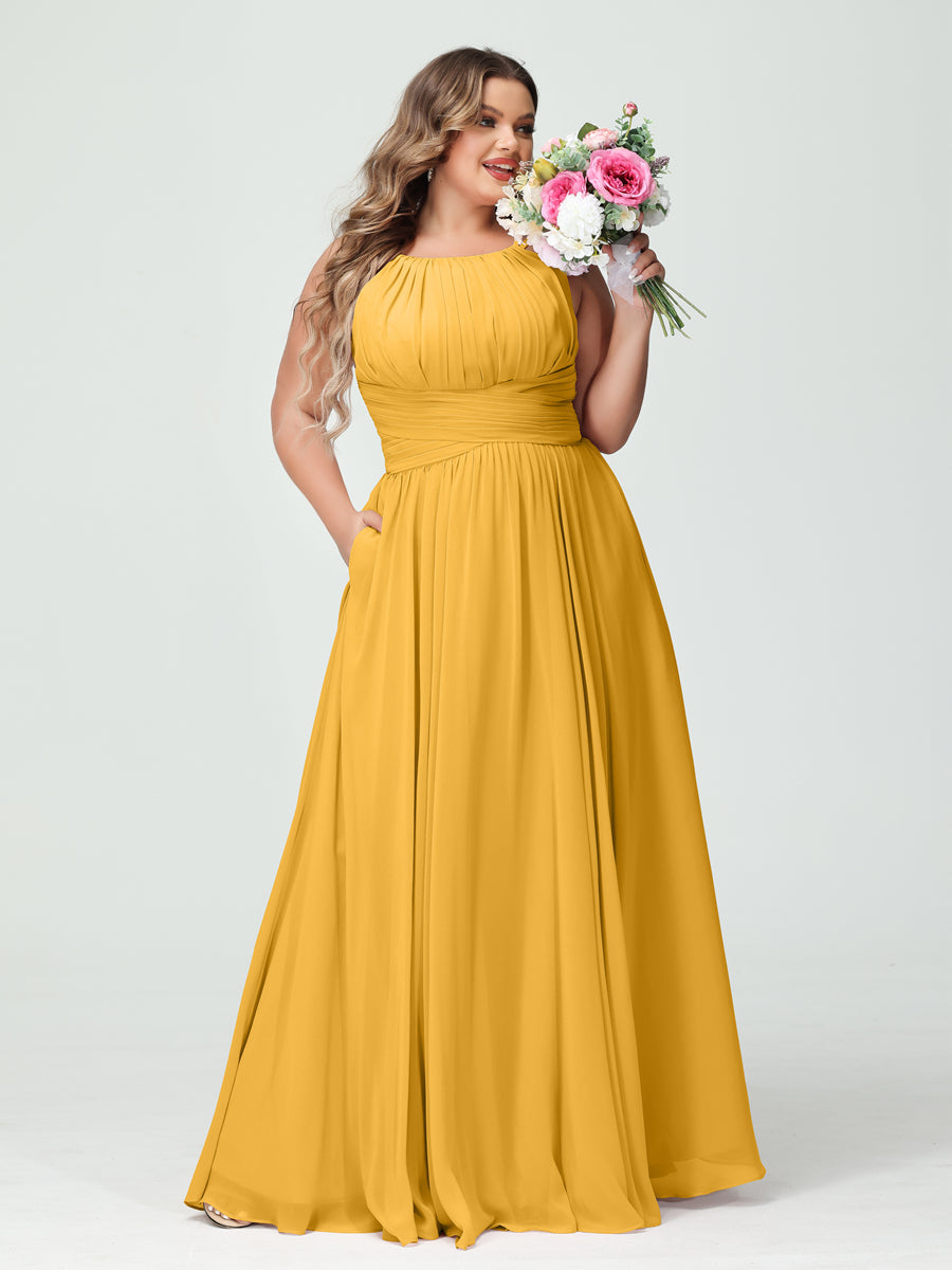 A-Line/Princess Spaghetti Straps Sleeveless Chiffon Ruched Plus Size Bridesmaid Dresses with Pockets