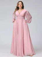 A-Line V-Neck Long Sleeves Long Chiffon Plus Size Bridesmaid Dresses With Split Side Pockets