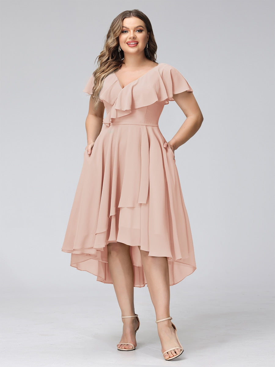 A-Line V-Neck Short Sleeves Asymmetrical Chiffon Plus Size Bridesmaid Dresses With Pockets