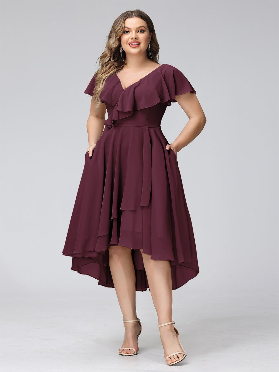 A-Line V-Neck Short Sleeves Asymmetrical Chiffon Plus Size Bridesmaid Dresses With Pockets