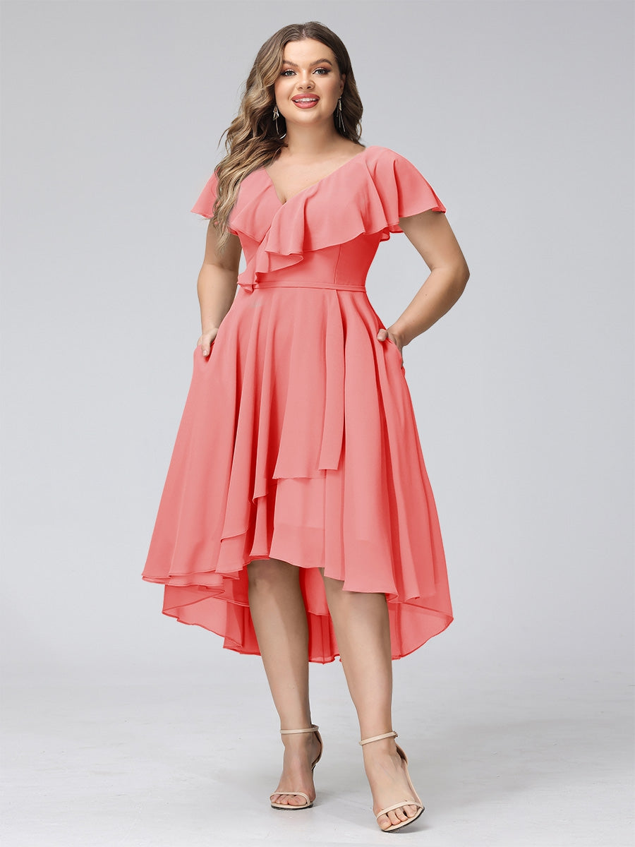 A-Line V-Neck Short Sleeves Asymmetrical Chiffon Plus Size Bridesmaid Dresses With Pockets