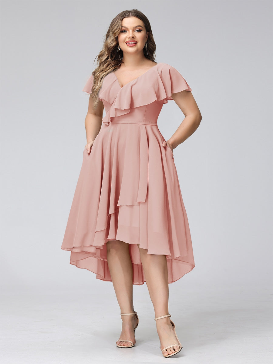 A-Line V-Neck Short Sleeves Asymmetrical Chiffon Plus Size Bridesmaid Dresses With Pockets