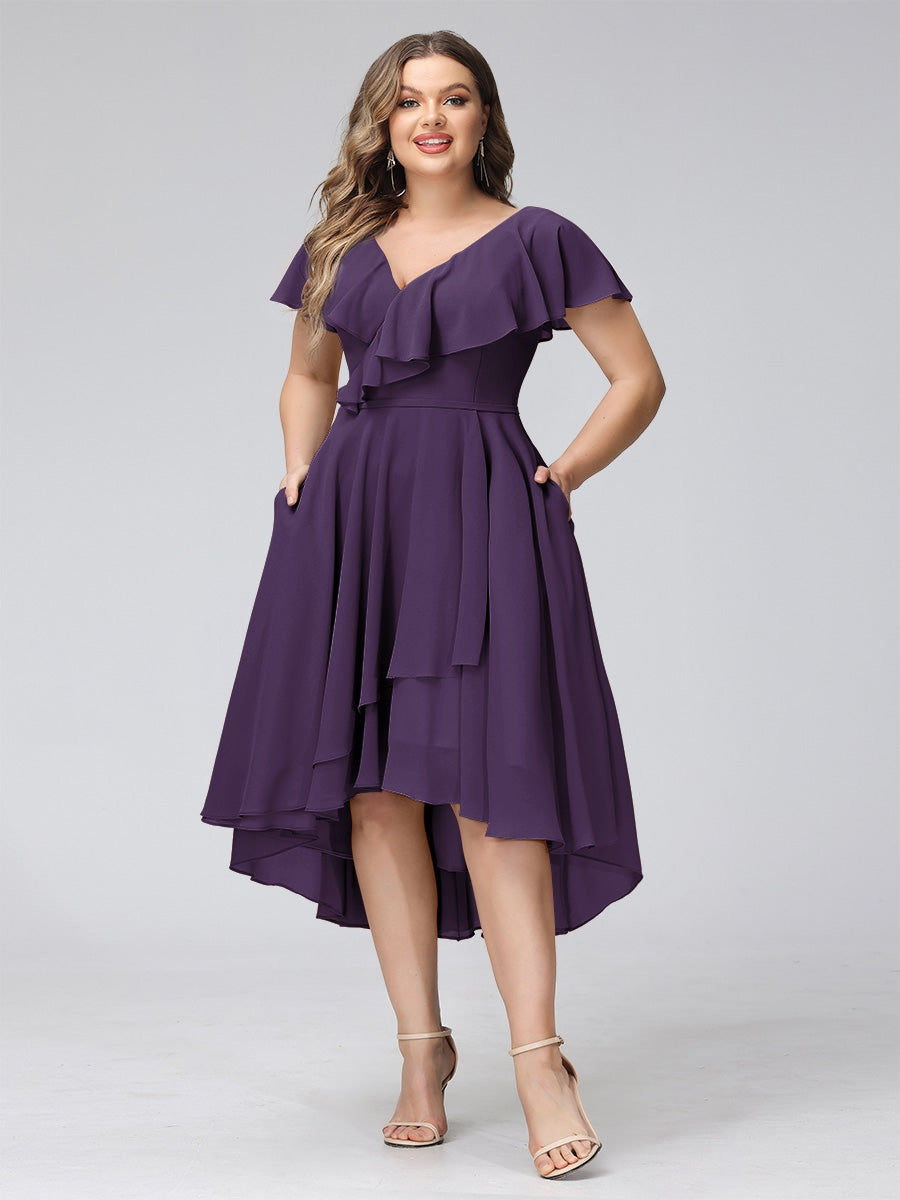 A-Line V-Neck Short Sleeves Asymmetrical Chiffon Plus Size Bridesmaid Dresses With Pockets