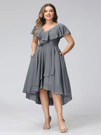 A-Line V-Neck Short Sleeves Asymmetrical Chiffon Plus Size Bridesmaid Dresses With Pockets