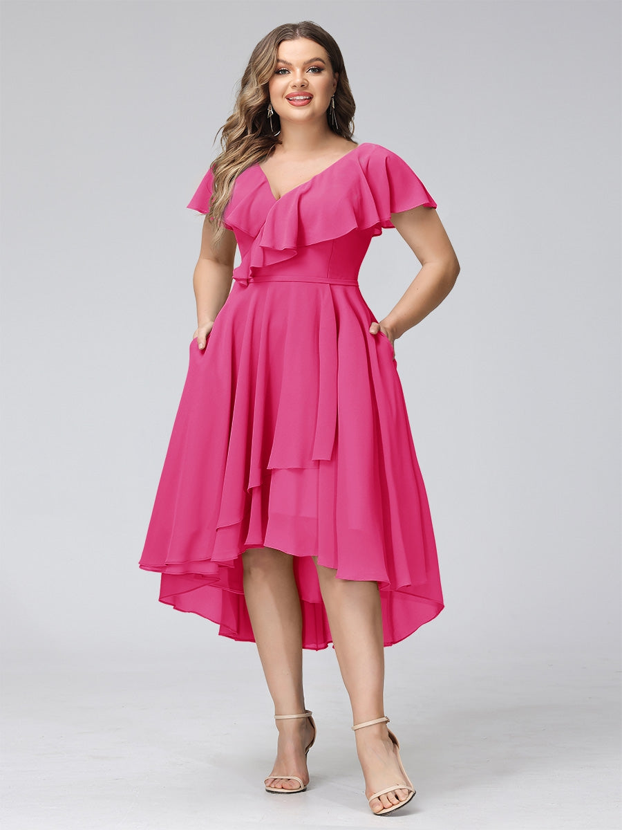 A-Line V-Neck Short Sleeves Asymmetrical Chiffon Plus Size Bridesmaid Dresses With Pockets
