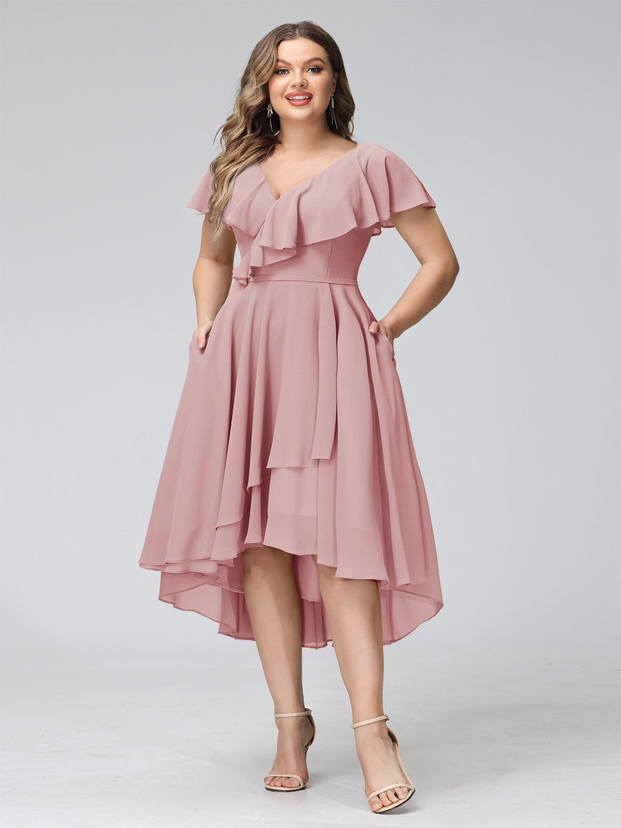 A-Line V-Neck Short Sleeves Asymmetrical Chiffon Plus Size Bridesmaid Dresses With Pockets