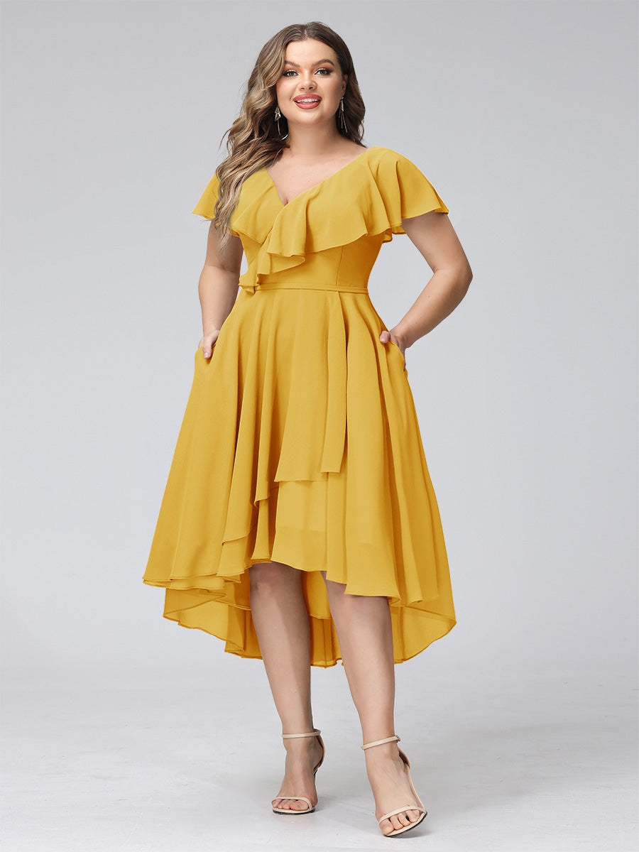 A-Line V-Neck Short Sleeves Asymmetrical Chiffon Plus Size Bridesmaid Dresses With Pockets