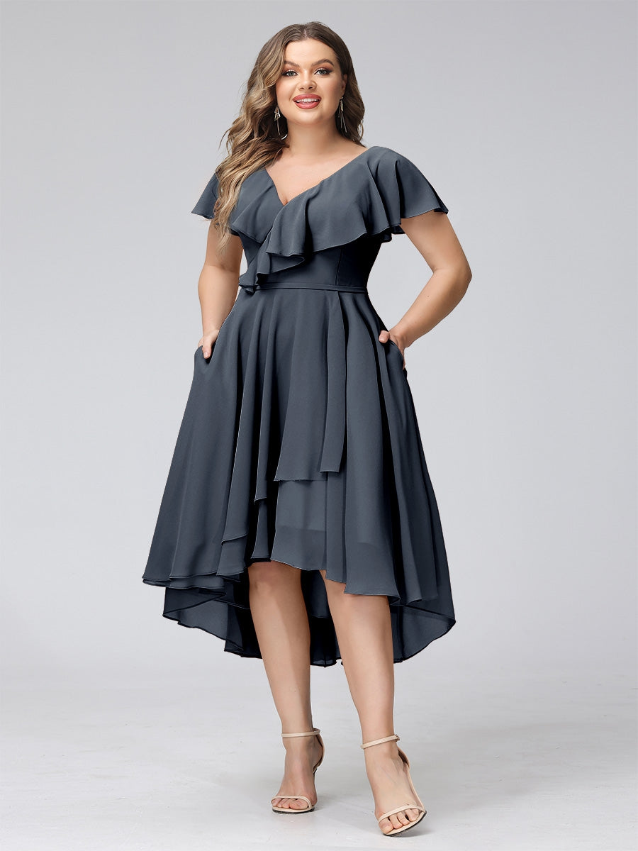 A-Line V-Neck Short Sleeves Asymmetrical Chiffon Plus Size Bridesmaid Dresses With Pockets
