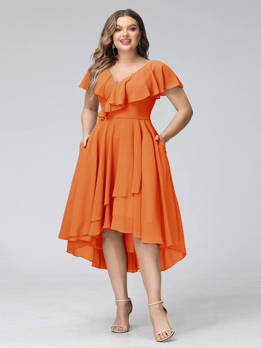 A-Line V-Neck Short Sleeves Asymmetrical Chiffon Plus Size Bridesmaid Dresses With Pockets