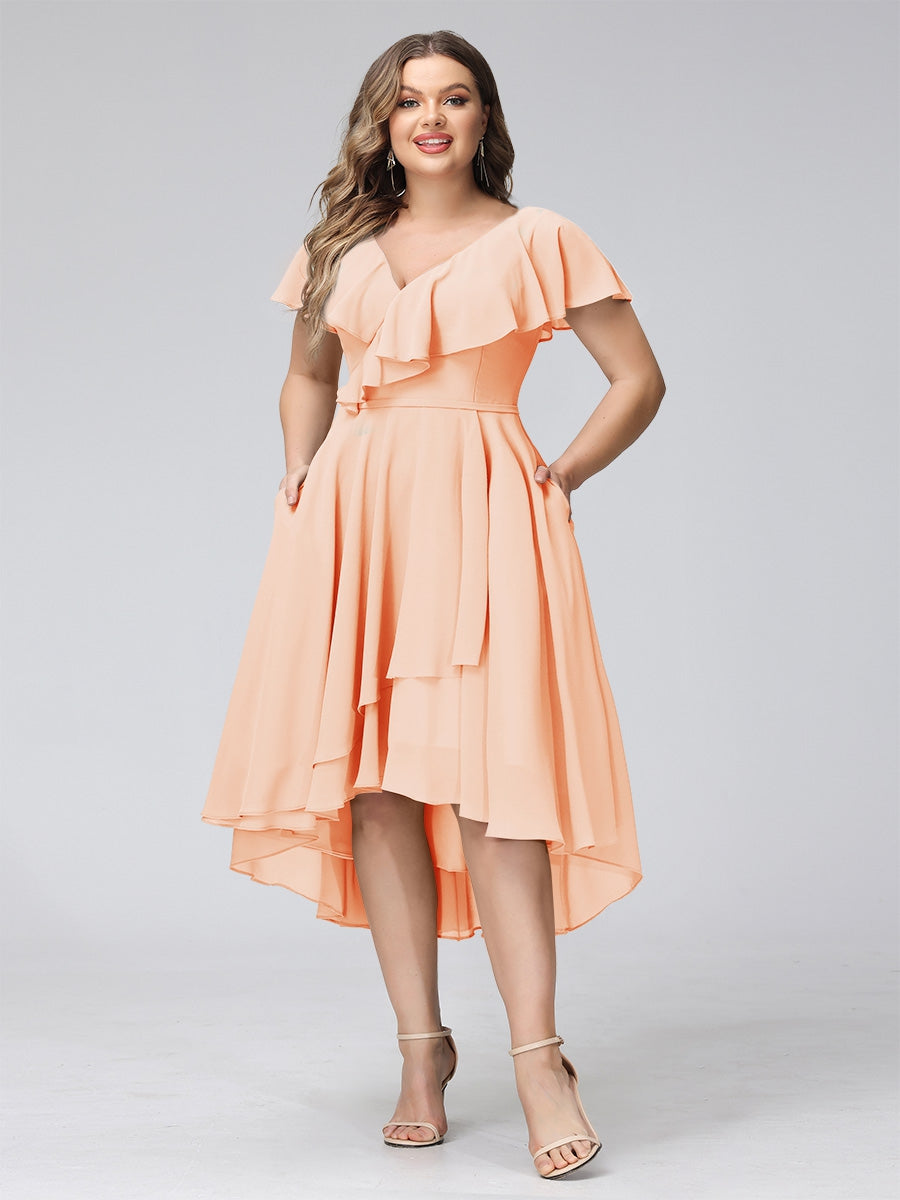 A-Line V-Neck Short Sleeves Asymmetrical Chiffon Plus Size Bridesmaid Dresses With Pockets
