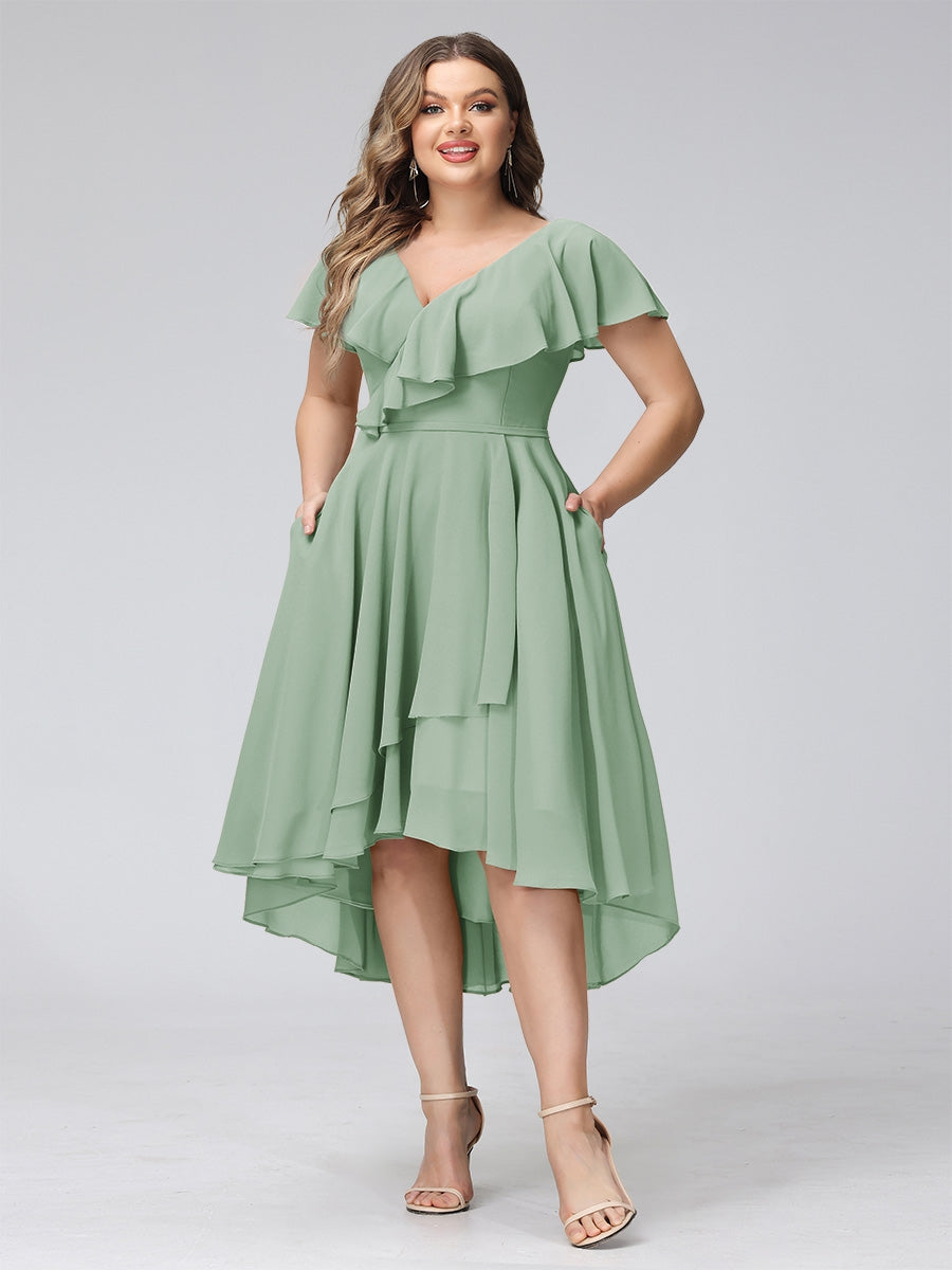 A-Line V-Neck Short Sleeves Asymmetrical Chiffon Plus Size Bridesmaid Dresses With Pockets