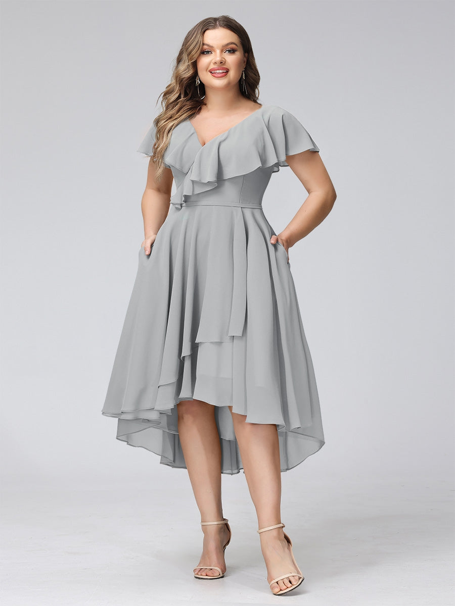 A-Line V-Neck Short Sleeves Asymmetrical Chiffon Plus Size Bridesmaid Dresses With Pockets