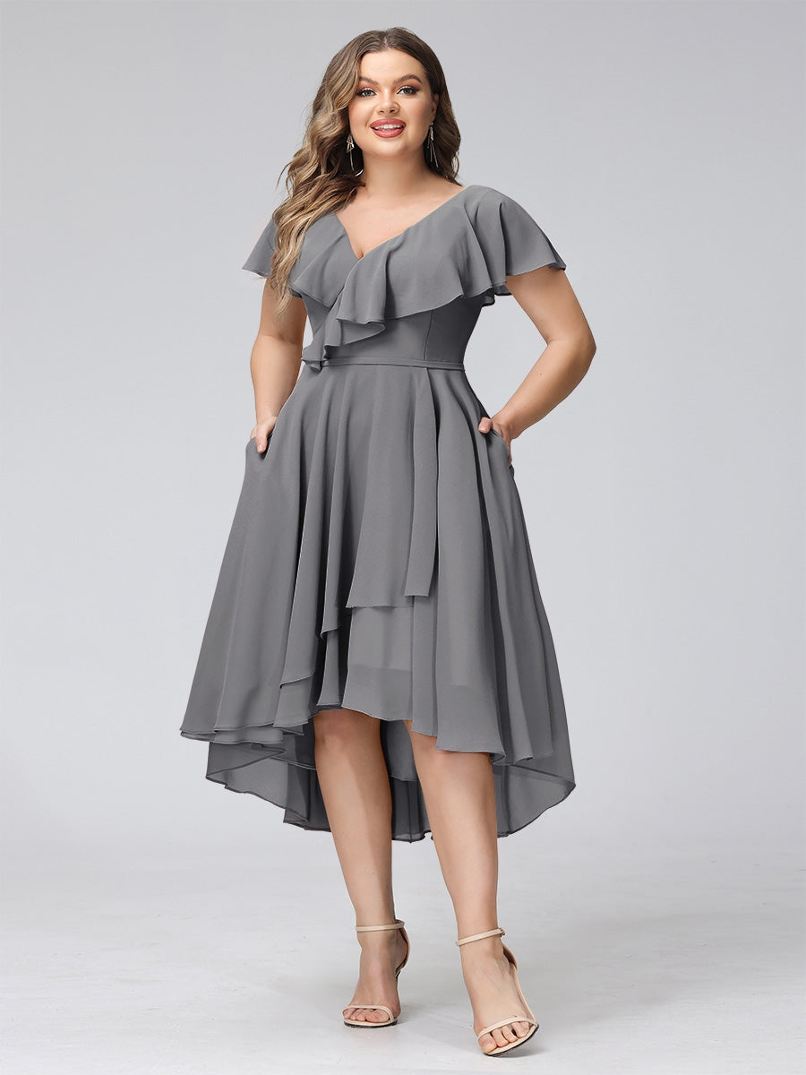 A-Line V-Neck Short Sleeves Asymmetrical Chiffon Plus Size Bridesmaid Dresses With Pockets