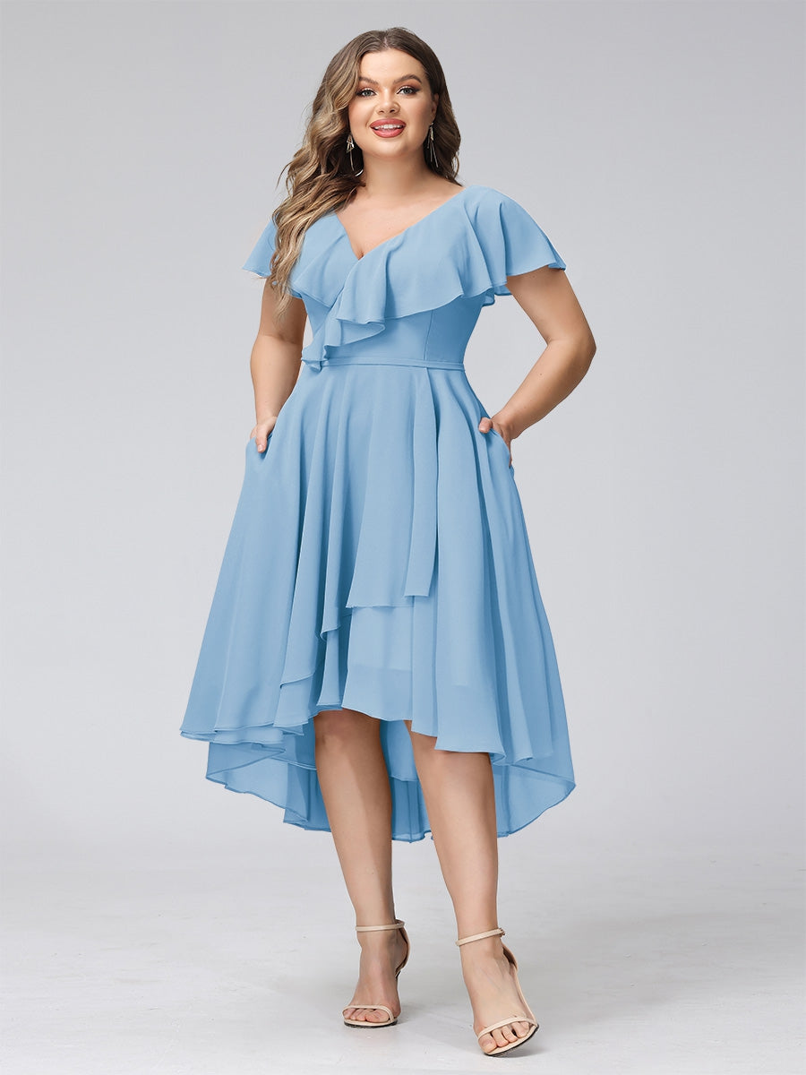 A-Line V-Neck Short Sleeves Asymmetrical Chiffon Plus Size Bridesmaid Dresses With Pockets
