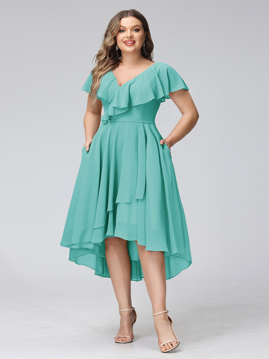 A-Line V-Neck Short Sleeves Asymmetrical Chiffon Plus Size Bridesmaid Dresses With Pockets