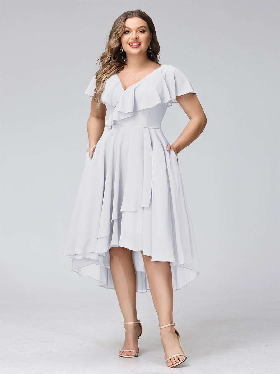 A-Line V-Neck Short Sleeves Asymmetrical Chiffon Plus Size Bridesmaid Dresses With Pockets