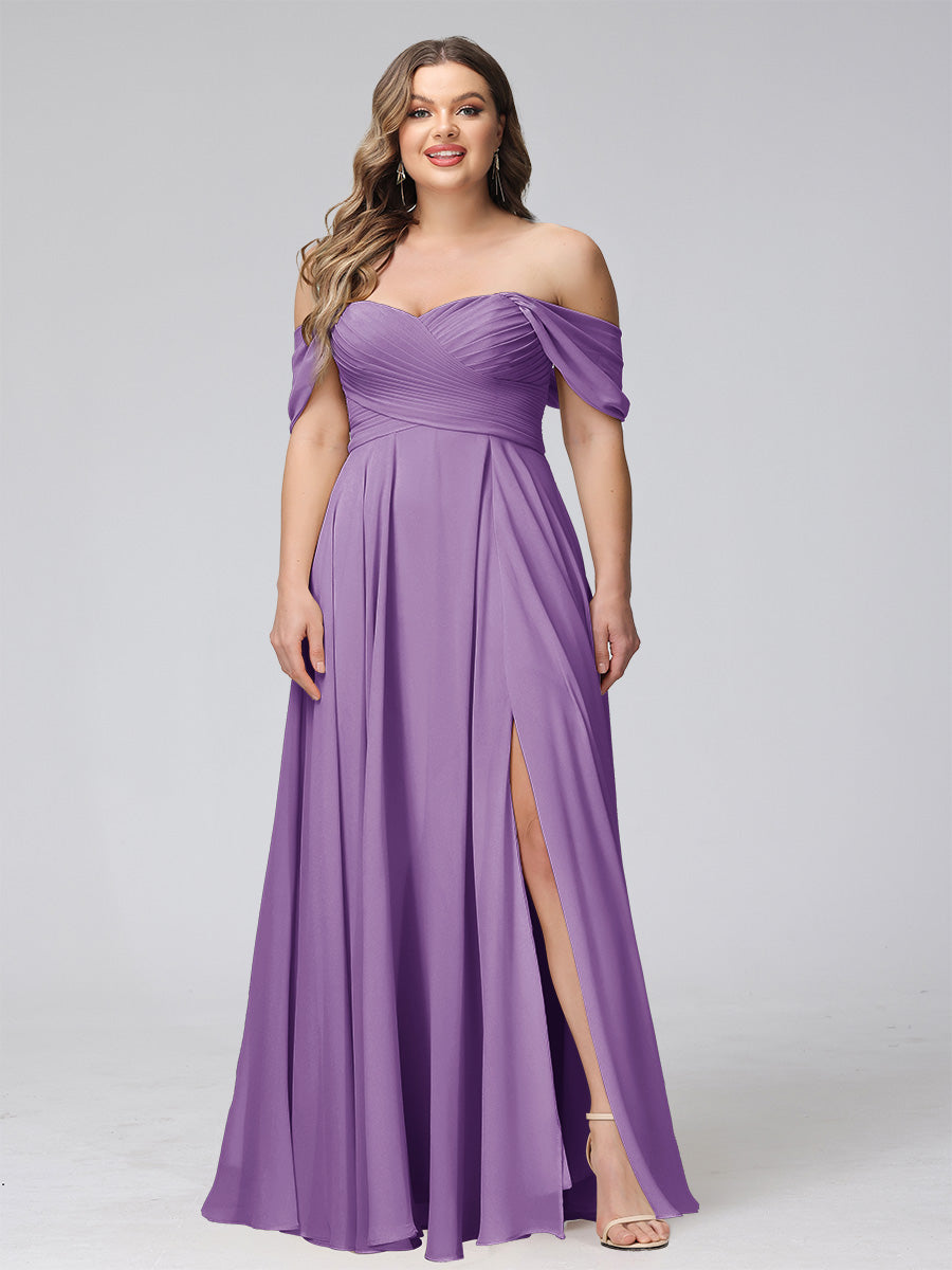 A-Line Off-the-Shoulder Sleeveless Ruched Long Chiffon Plus Size Bridesmaid Dresses with Split Side