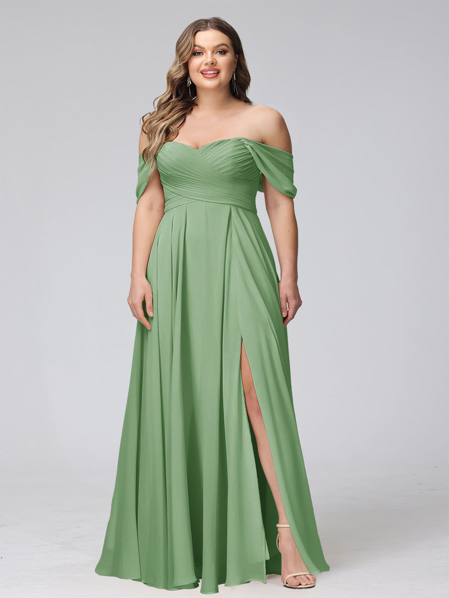A-Line Off-the-Shoulder Sleeveless Ruched Long Chiffon Plus Size Bridesmaid Dresses with Split Side