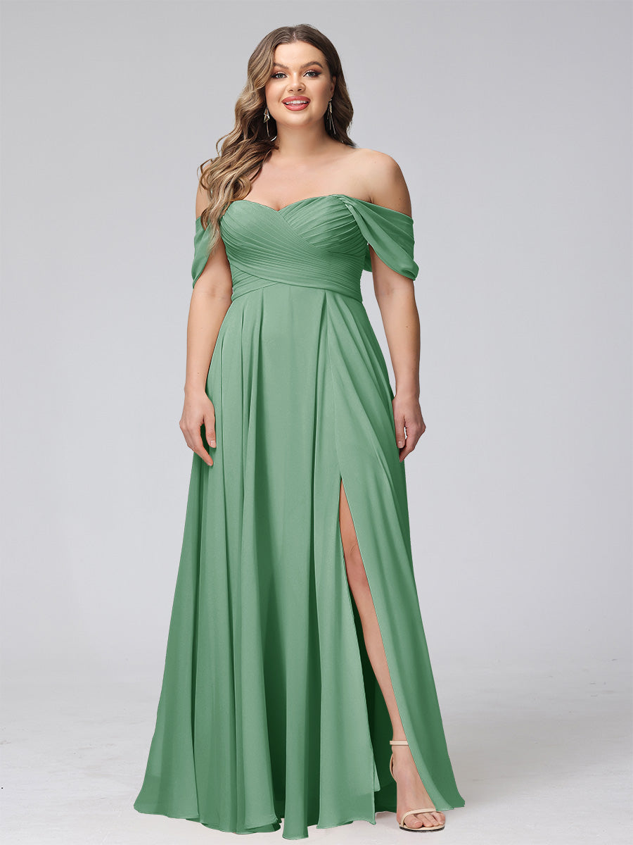 A-Line Off-the-Shoulder Sleeveless Ruched Long Chiffon Plus Size Bridesmaid Dresses with Split Side
