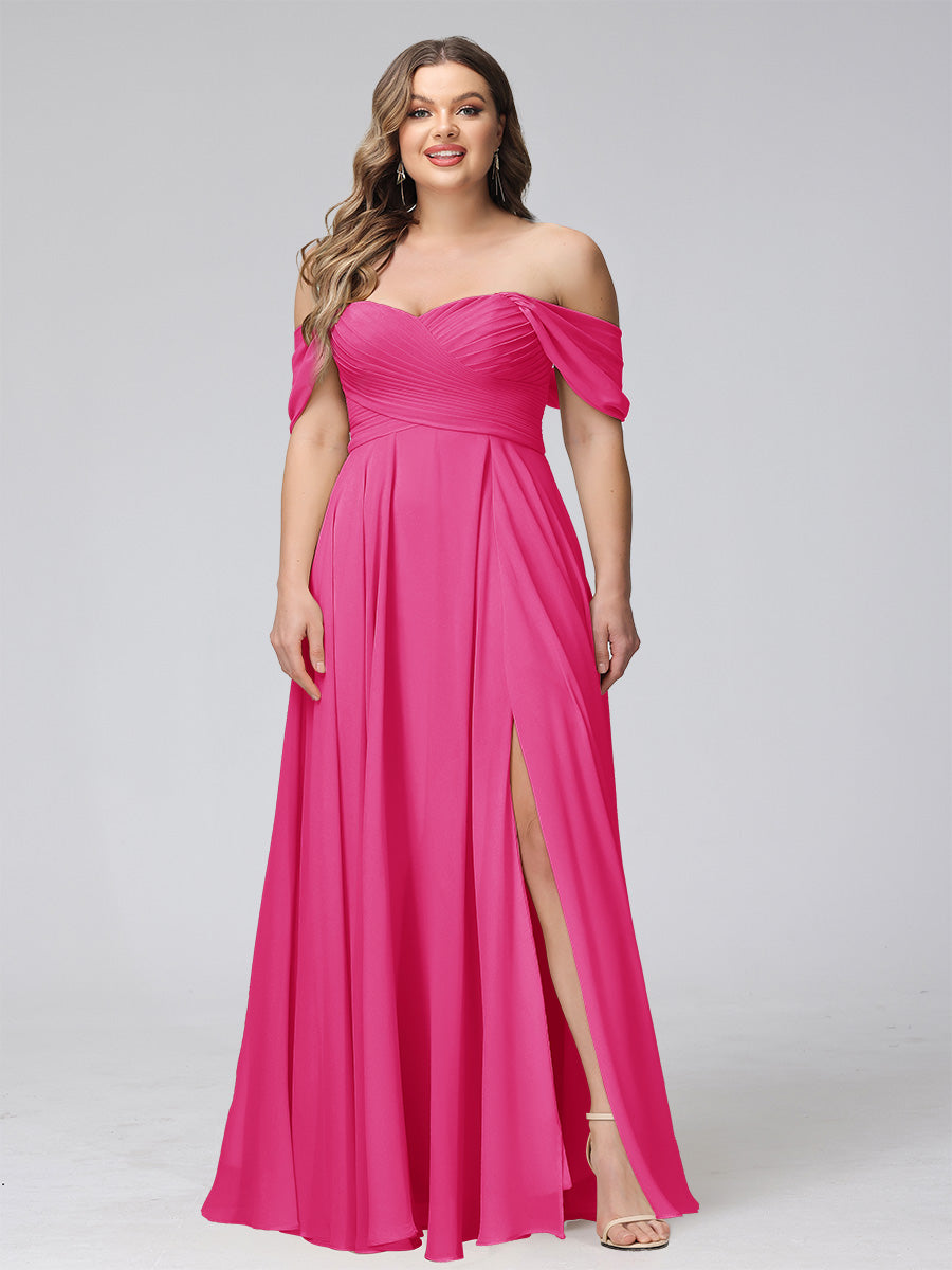 A-Line Off-the-Shoulder Sleeveless Ruched Long Chiffon Plus Size Bridesmaid Dresses with Split Side