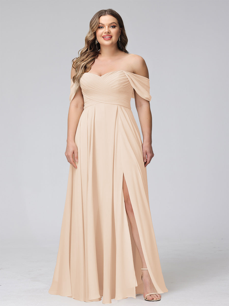 A-Line Off-the-Shoulder Sleeveless Ruched Long Chiffon Plus Size Bridesmaid Dresses with Split Side