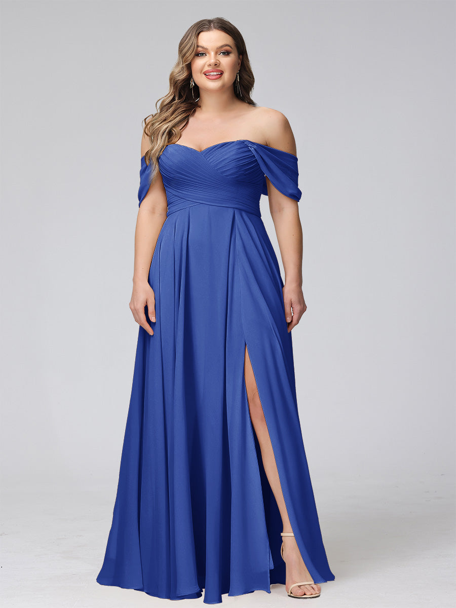 A-Line Off-the-Shoulder Sleeveless Ruched Long Chiffon Plus Size Bridesmaid Dresses with Split Side