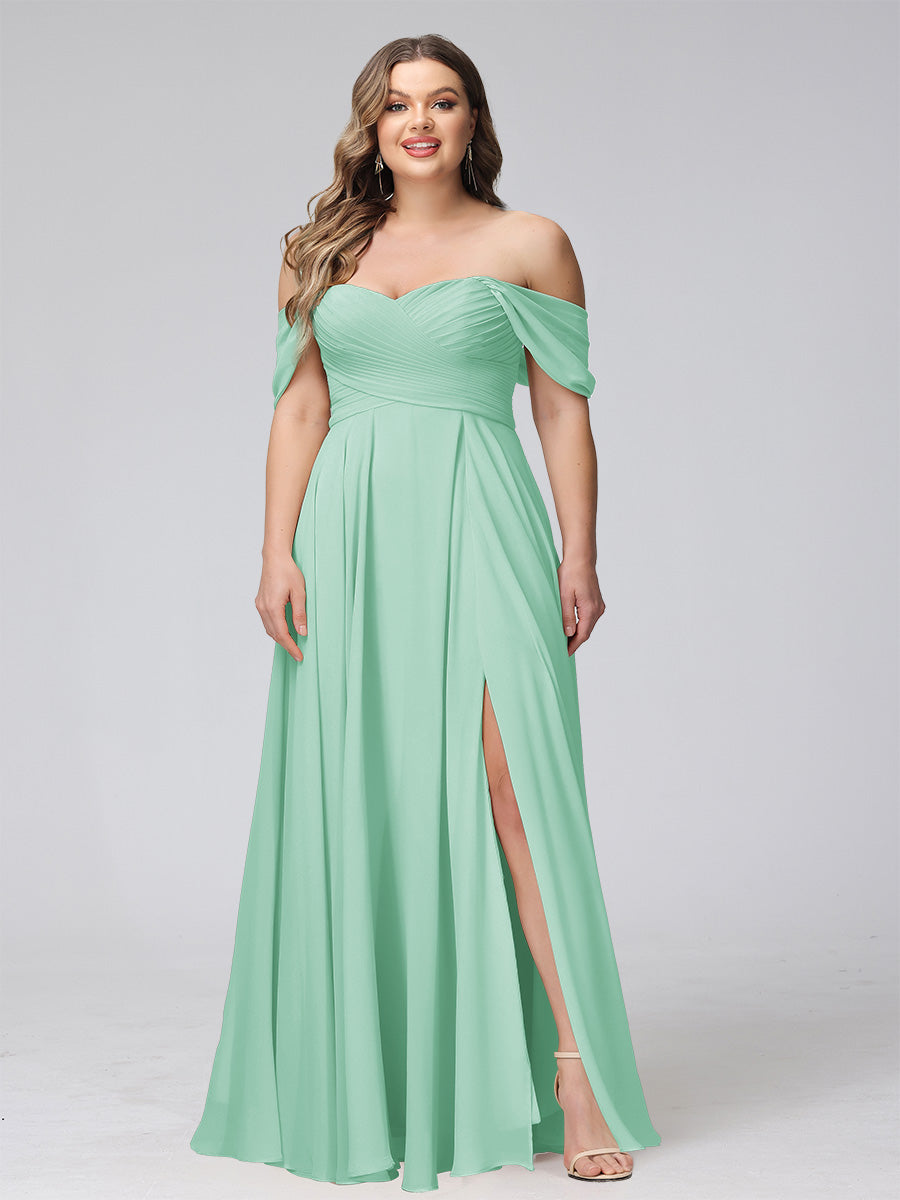 A-Line Off-the-Shoulder Sleeveless Ruched Long Chiffon Plus Size Bridesmaid Dresses with Split Side