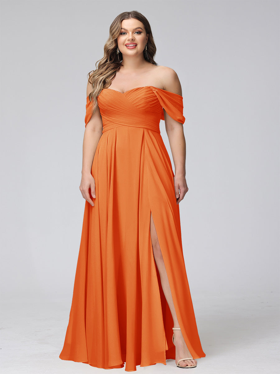 A-Line Off-the-Shoulder Sleeveless Ruched Long Chiffon Plus Size Bridesmaid Dresses with Split Side