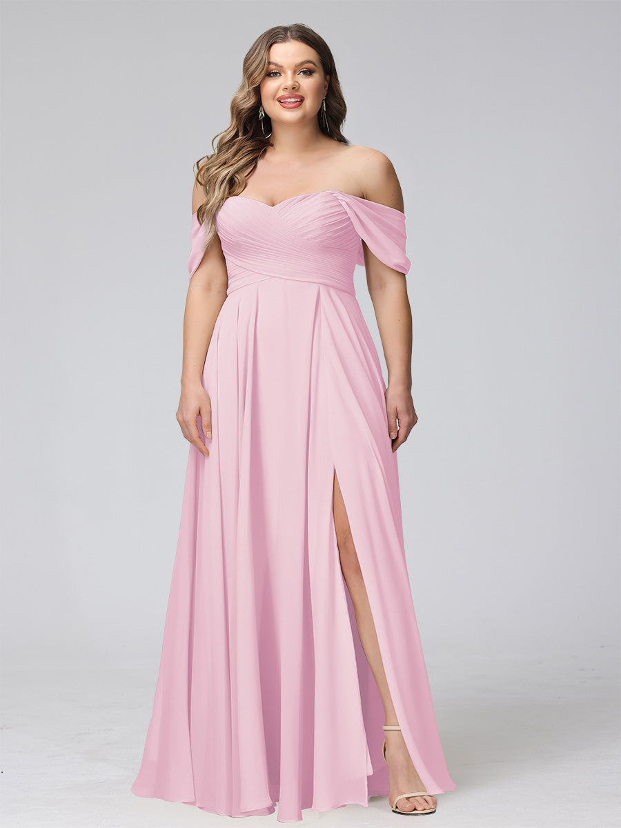 A-Line Off-the-Shoulder Sleeveless Ruched Long Chiffon Plus Size Bridesmaid Dresses with Split Side