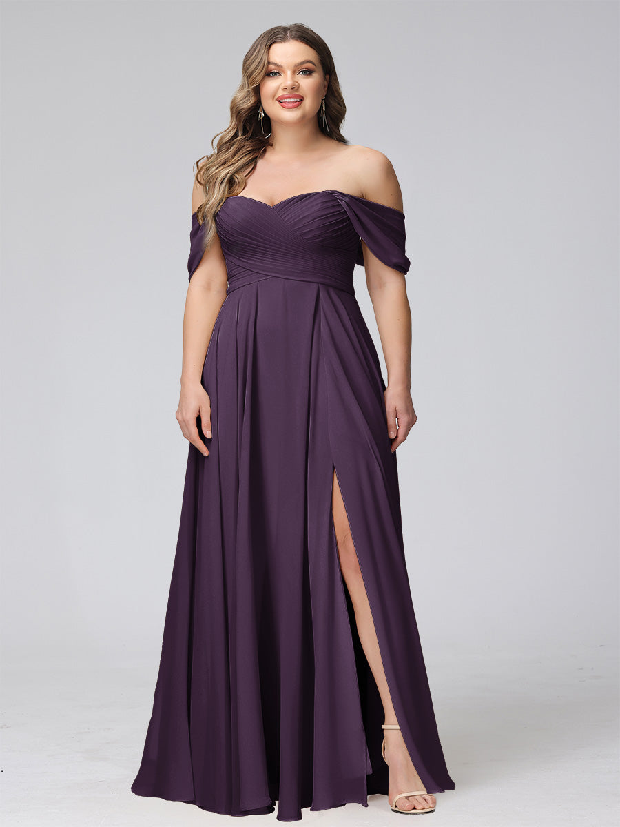 A-Line Off-the-Shoulder Sleeveless Ruched Long Chiffon Plus Size Bridesmaid Dresses with Split Side